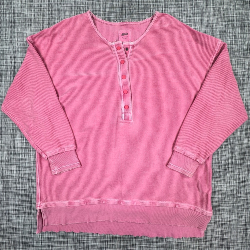 Aerie Womens Large Pink Ribbed Oversized Snap Henley Sweatshirt Long Sleeve